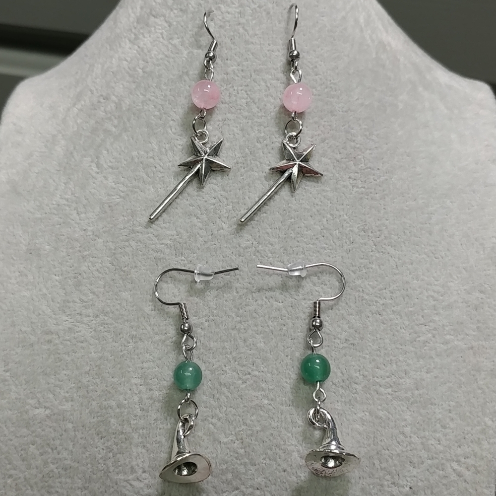 2 Set Gemstone Witch Earring Rose Quartz Aventurine Wand Earring Stainless-Steel